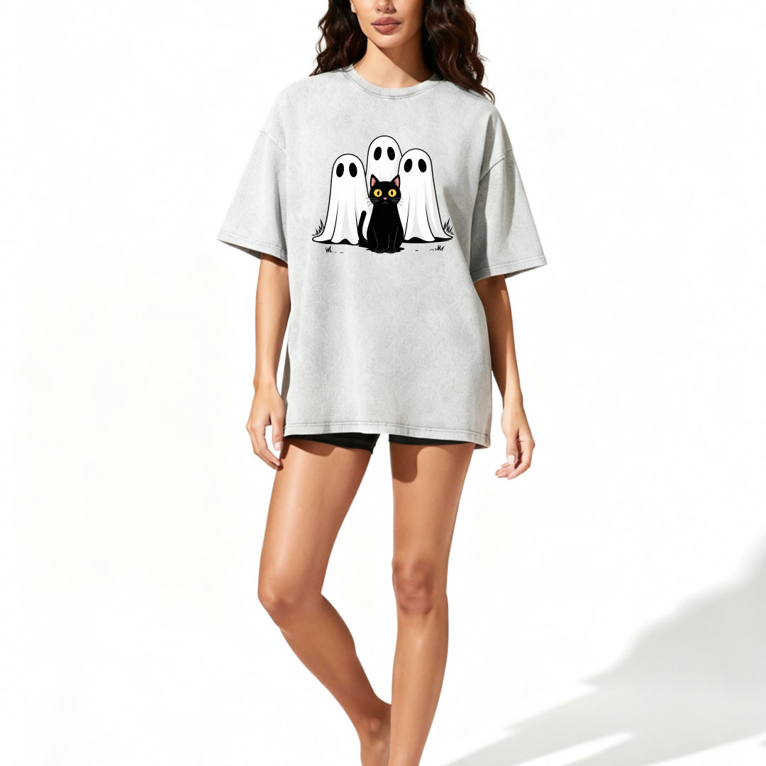 Funny Ghosts & Black Cat Print Vintage Washed T-shirt