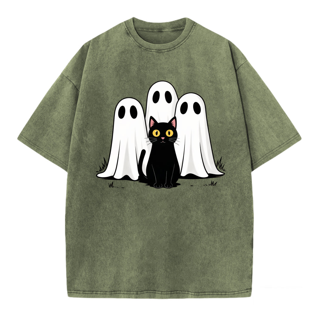 Funny Ghosts & Black Cat Print Vintage Washed T-shirt