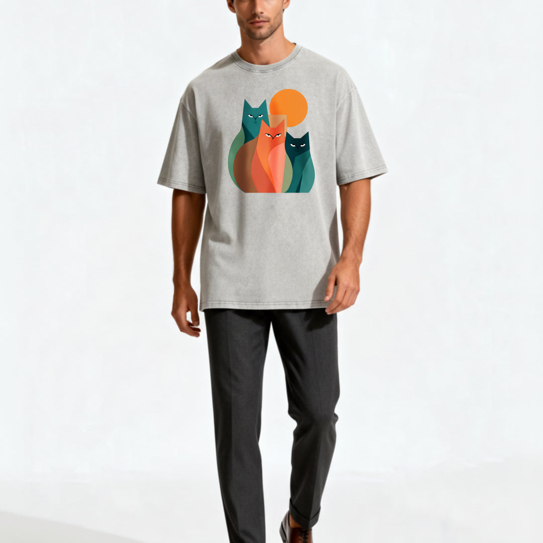 Vintage Abstract Cat Art Print Washed T-Shirt