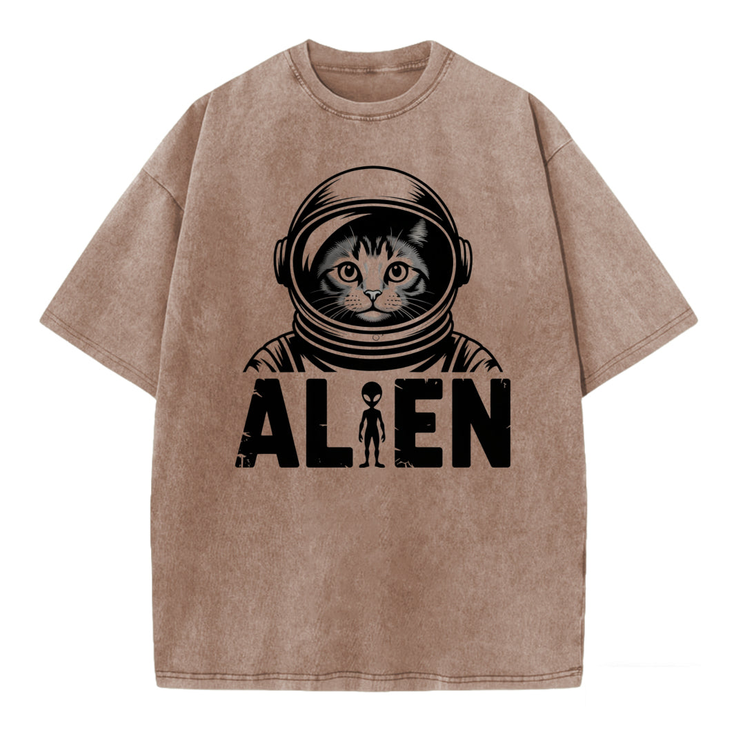 Vintage Space Cat Graphic Washed T-Shirt